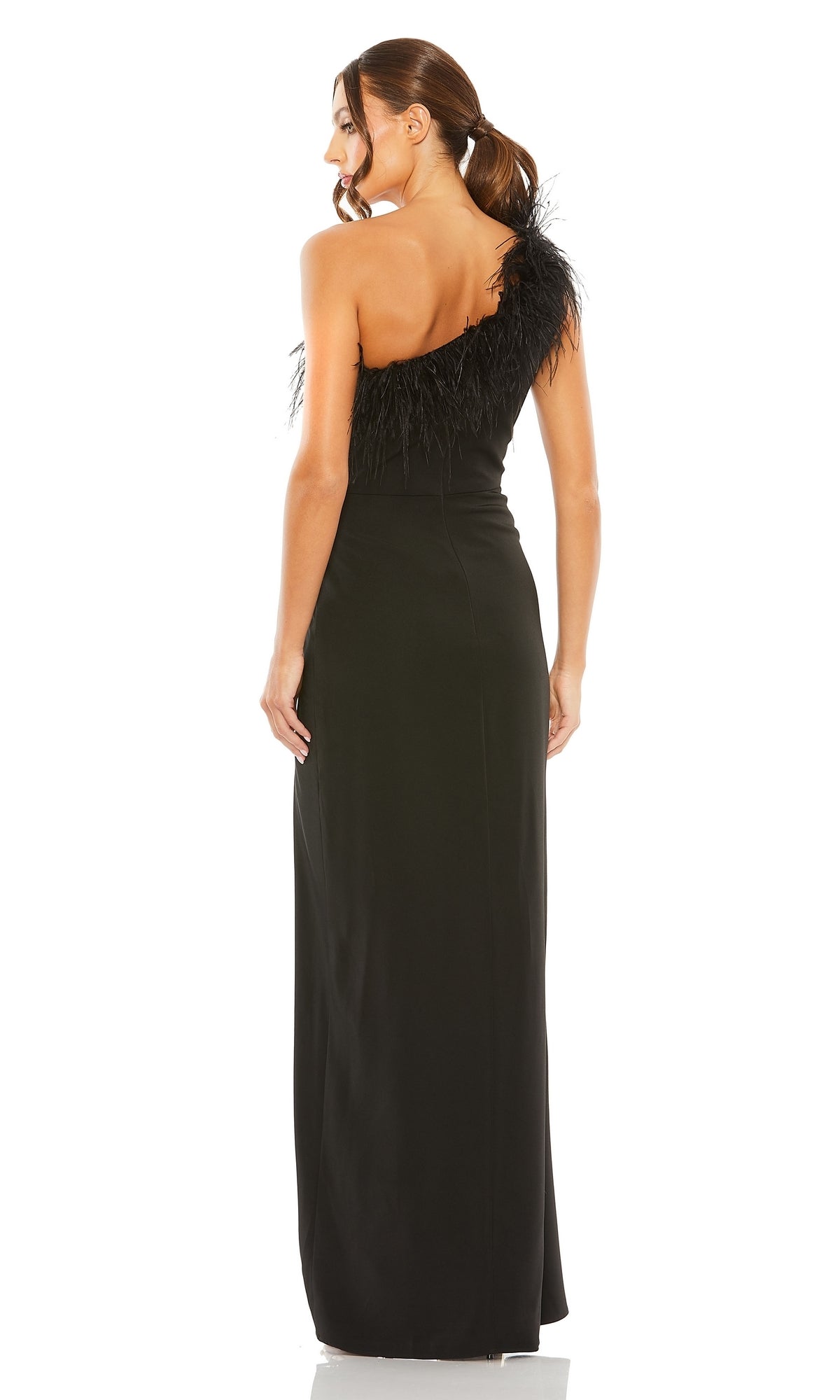 Model wearing the Mac Duggal 68456 One-Shoulder Black Formal Dress with feather detailing, shown from the back against a white background—an elegant choice for any special occasion.